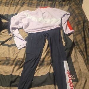 Reebok BlackLeggings with Lilac and White Cropped Sweatshirt Super Cute Top